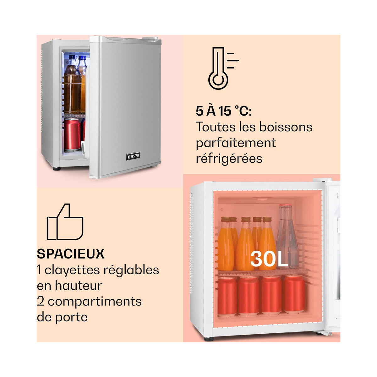 Mini réfrigérateur KLARSTEIN Happy Hour 30L 5-15°C 23 dB LED inox