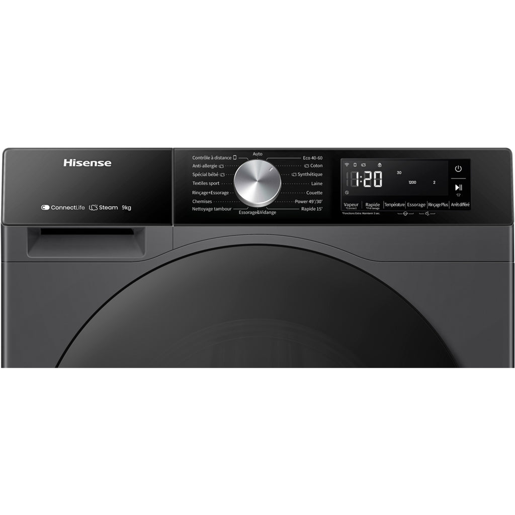 Lave linge hublot HISENSE WF3S9043BB3 - 9 kg - 1400 tr/min - Classe A - Moteur induction - Connecté wifi - Noir
