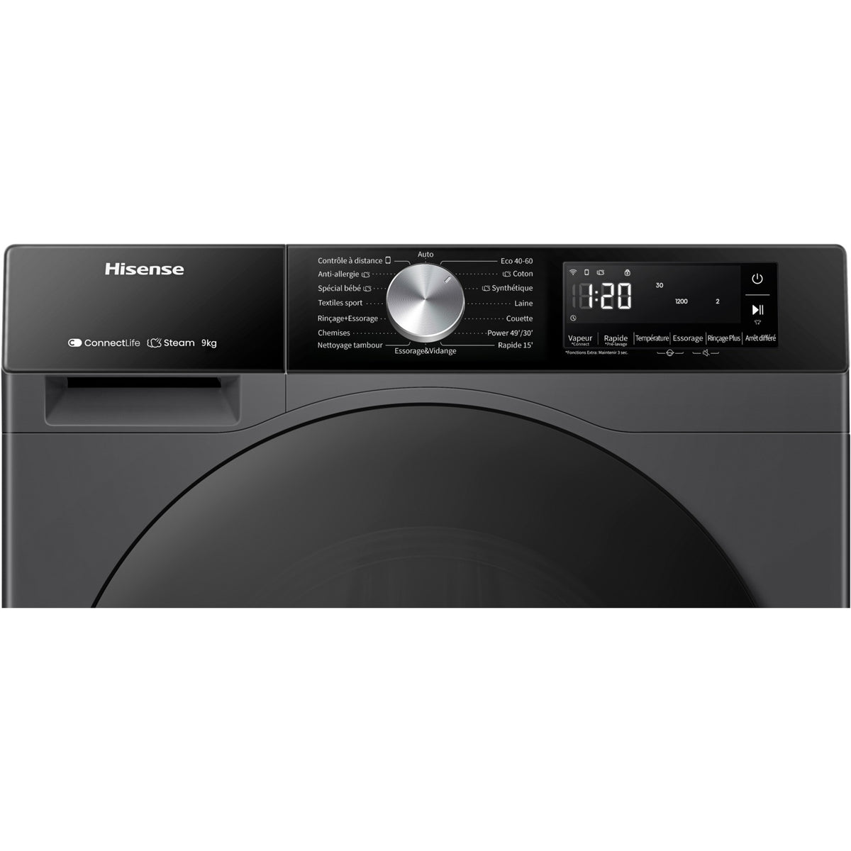 Lave linge hublot HISENSE WF3S9043BB3 - 9 kg - 1400 tr/min - Classe A - Moteur induction - Connecté wifi - Noir