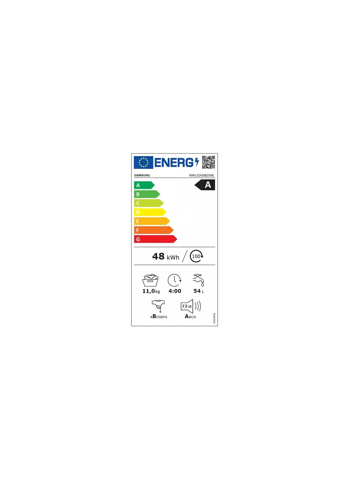 Lave linge hublot SAMSUNG WW11DG5B25AE - 11 kg - 1400 tr/min - Classe A - Moteur induction - Connecté wifi - Bespoke AI