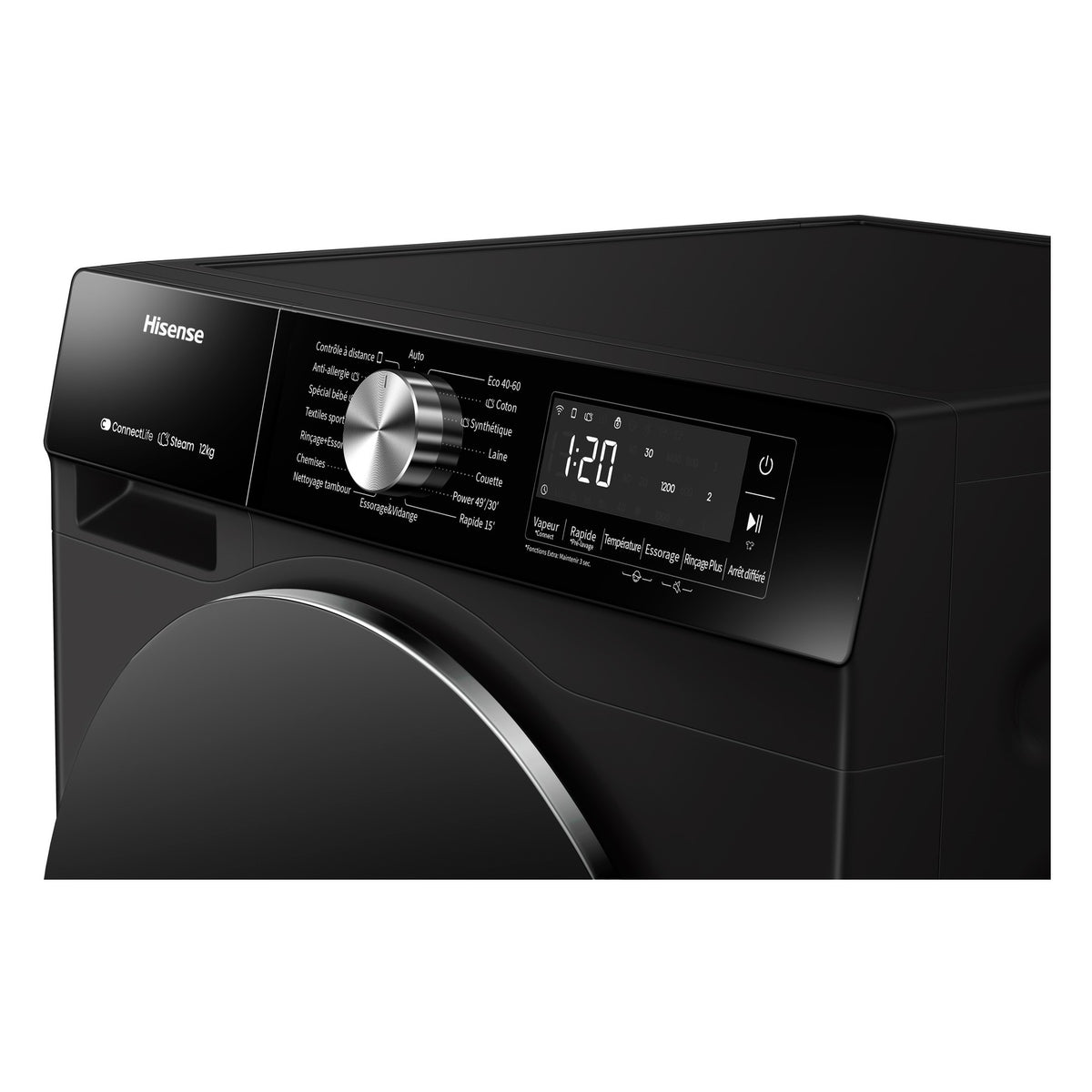 Lave linge hublot HISENSE WF3S1243BB2 - 12 kg - 1400 tr/min - Classe A - Moteur induction - Connecté wifi - Noir