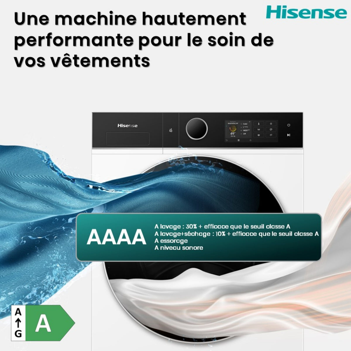 Lave linge séchant hublot HISENSE WD5I1245BWRH - 12/8 kg - 1400 tr/min - Classe A - Moteur Inverter - Dosage automatique - Connecté