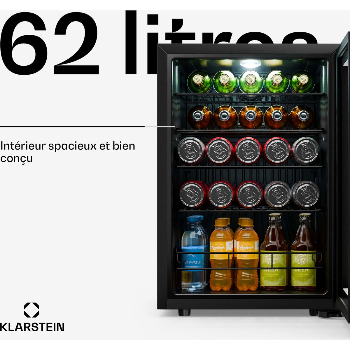 Mini réfrigérateur KLARSTEIN Bevora 65cm 62L Frigo Porte Vitrée Noir