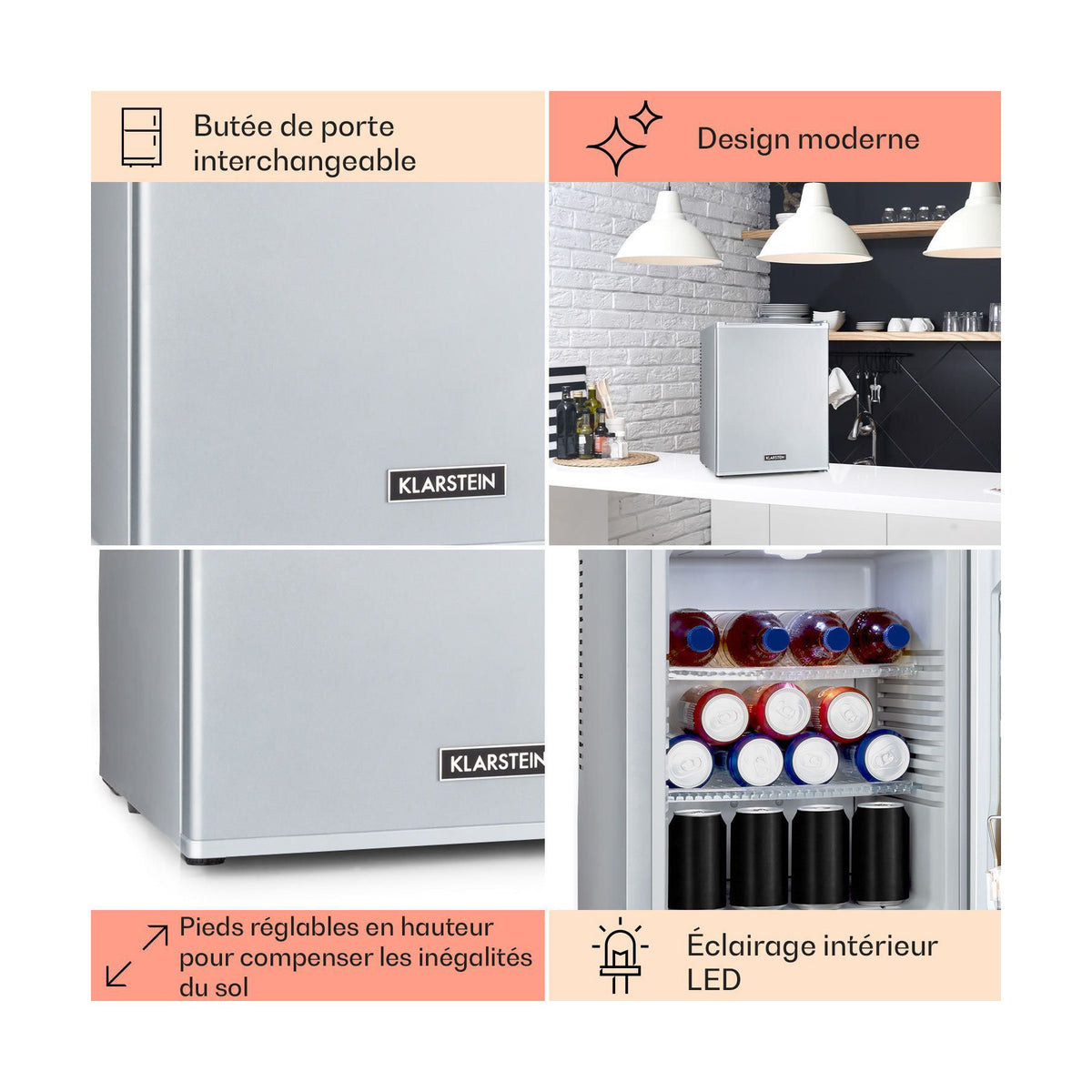 Mini réfrigérateur KLARSTEIN Happy Hour 33L 5-15°C 25 dB LED inox