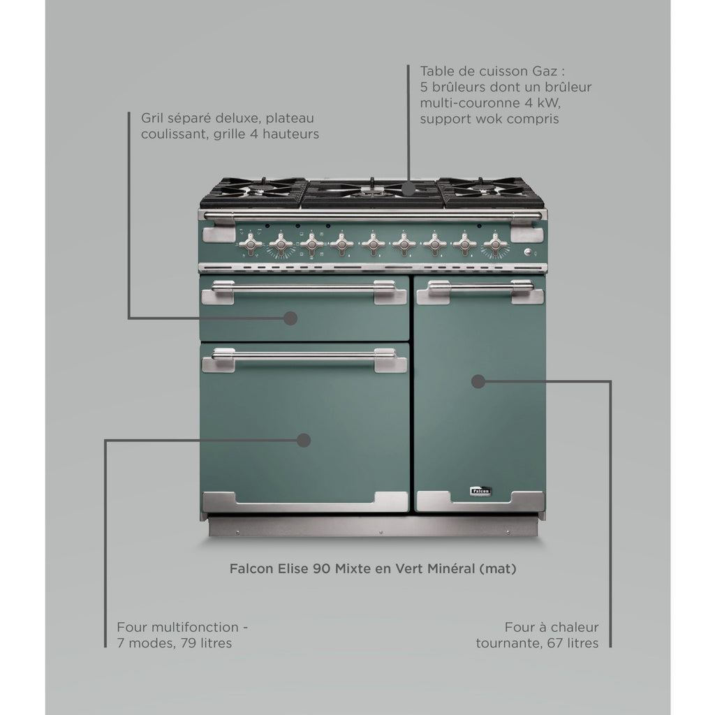 Piano de cuisson gaz FALCON ELISE 90 VERT MINERAL MAT NICKEL