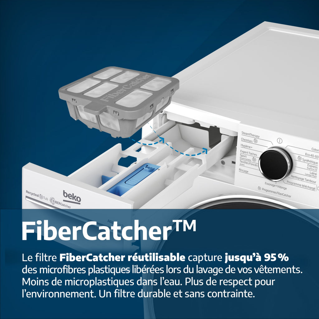 Lave linge hublot BEKO B7WFT6104019W - 10 kg - 1400 tr/min - Classe A - Moteur induction - wifi - EnergySpin -FiberCatcher