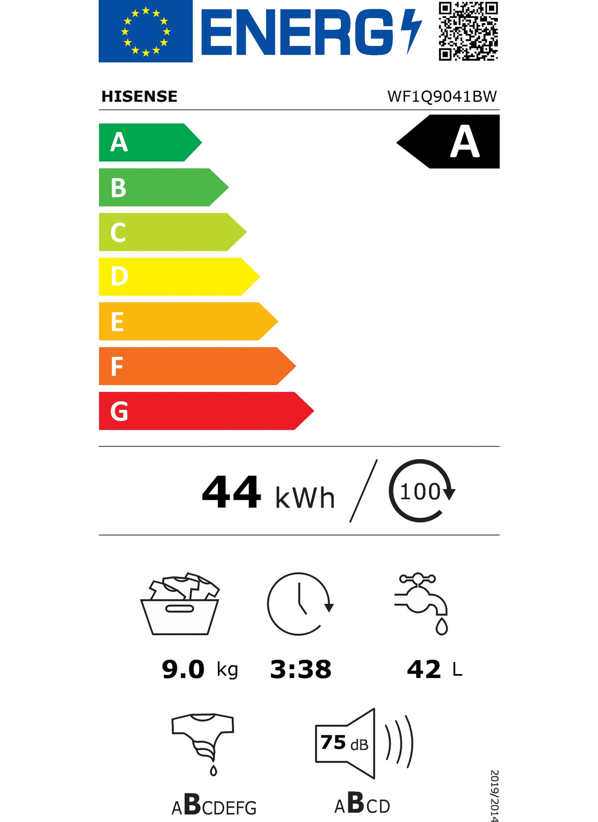 Lave linge hublot HISENSE WF1Q9041BW - 9 kg - 1400 tr/min - Classe A - Moteur induction