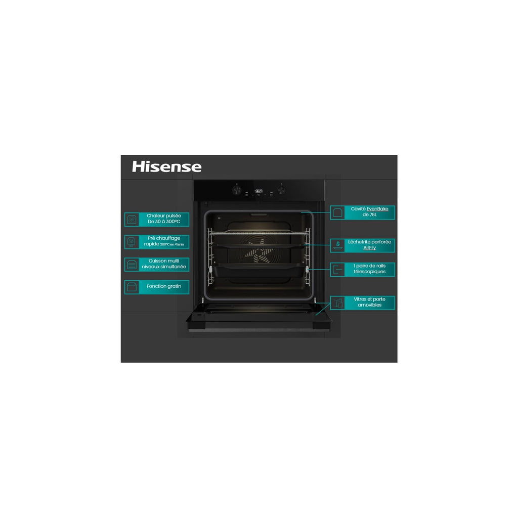 Four encastrable HISENSE BI64223EPBG - Pyrolyse - Chaleur pulsée - Rails télescopiques - Mode Pizza 300°C - Air Fry