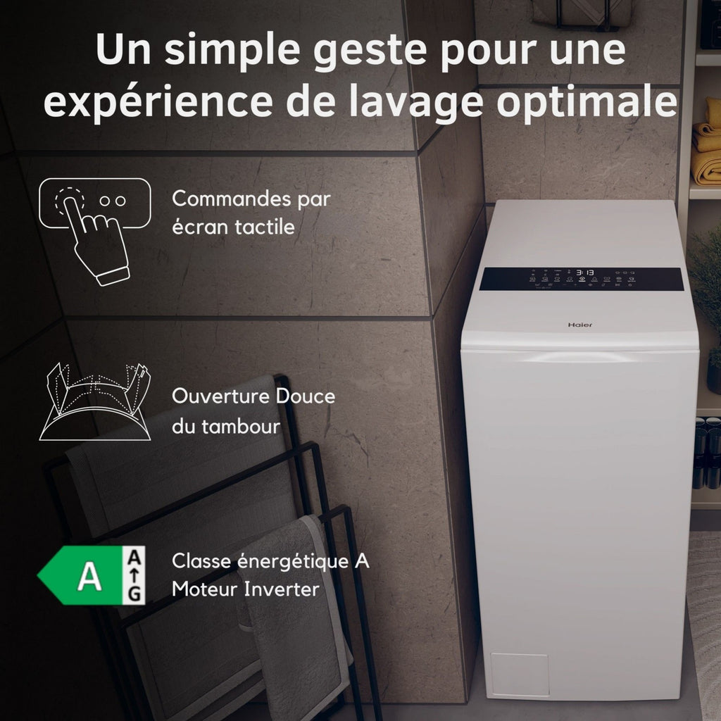 Lave linge top HAIER HW85-BPD13386U-S - 8,5 kg - 1300 tr/min - Classe A - Moteur induction - Autodosage - Connecté