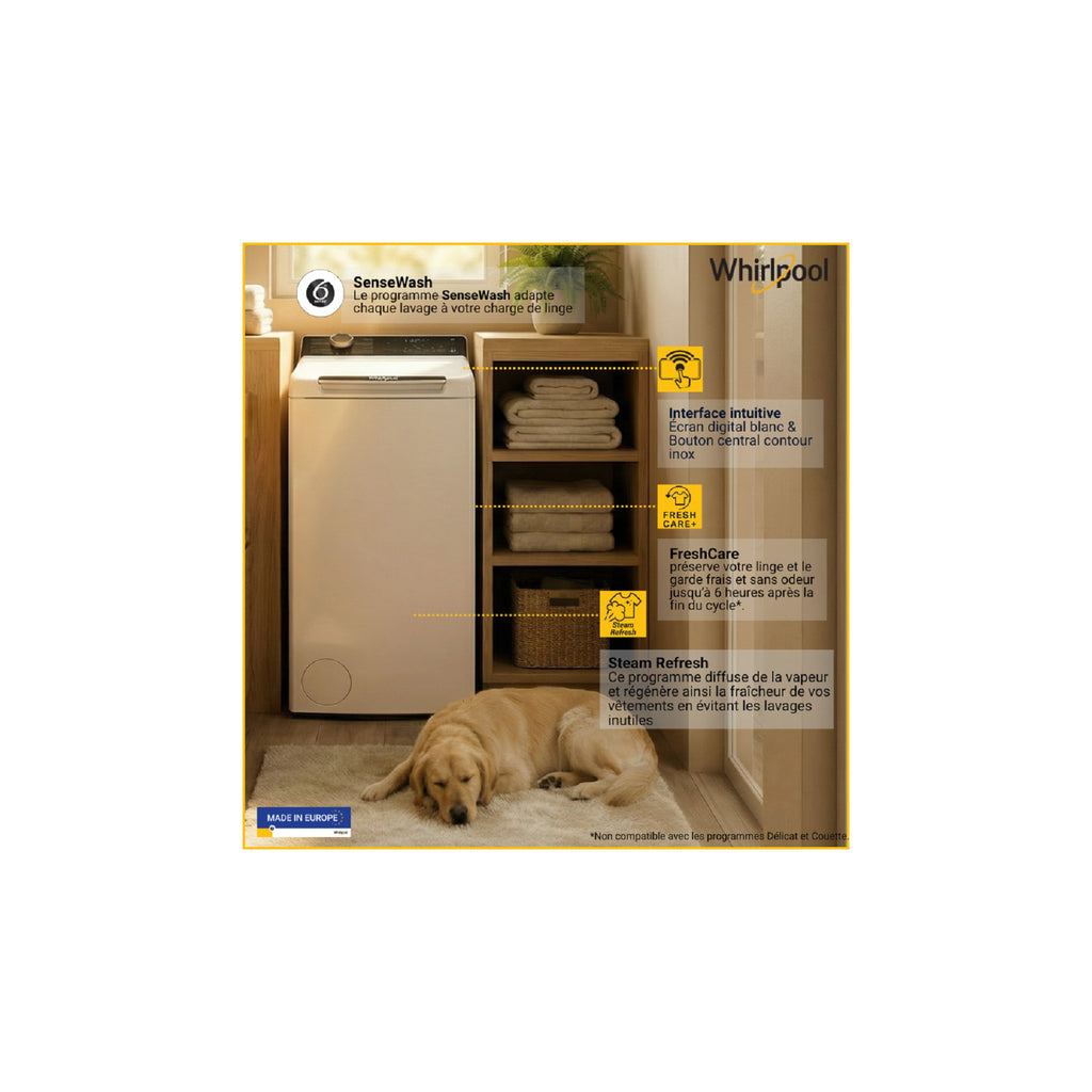 Lave linge top WHIRLPOOL TW621CSILENCEFR - 6 kg - 1200 tr/min - Classe A - Moteur induction - Connecté WiFi