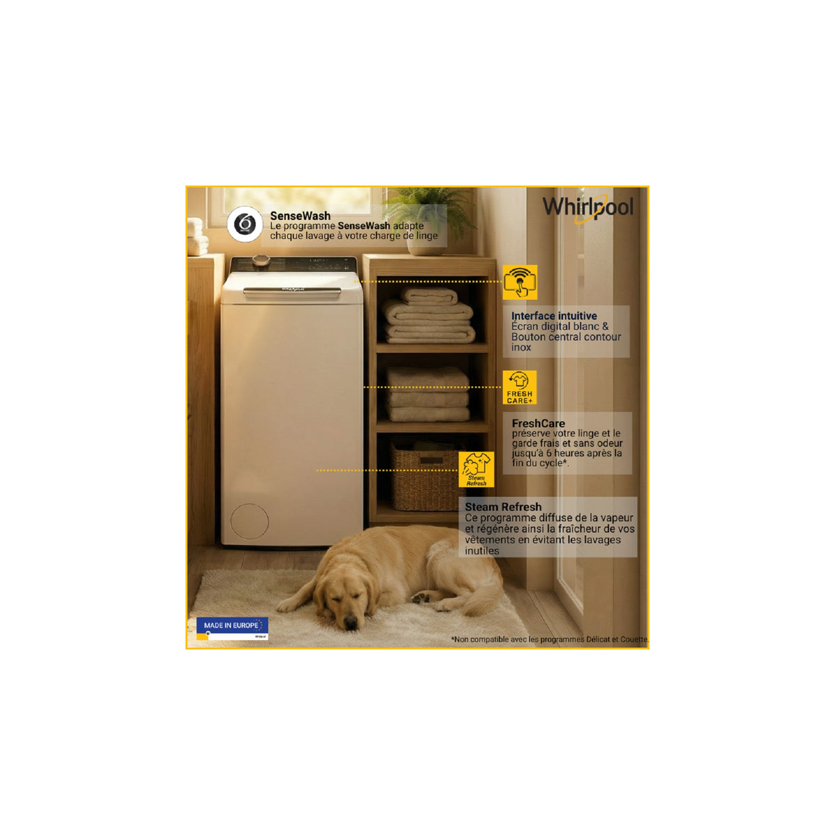 Lave linge top WHIRLPOOL TW621CSILENCEFR - 6 kg - 1200 tr/min - Classe A - Moteur induction - Connecté WiFi
