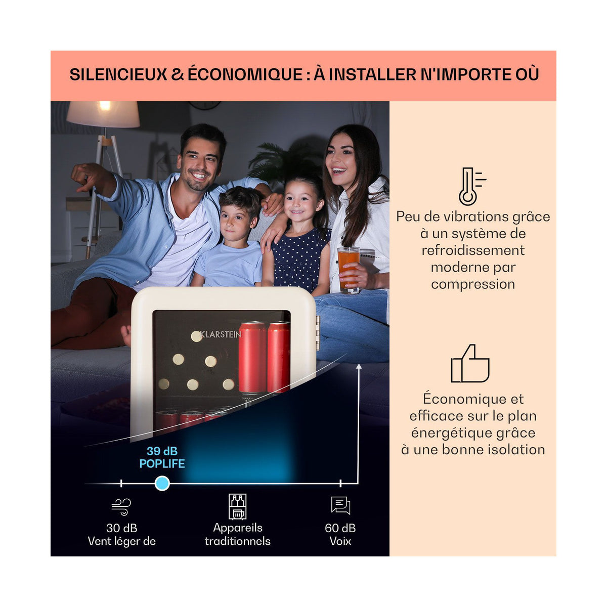 Mini réfrigérateur KLARSTEIN PopLife 48 0-10°C design rétro Beige
