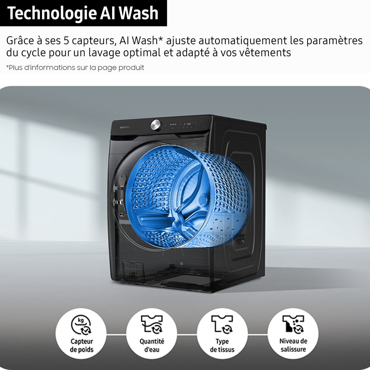 Lave linge hublot SAMSUNG WF20DG8650BW - 20 kg - 1000 tr/min - Classe A - Moteur induction - Connecté wifi