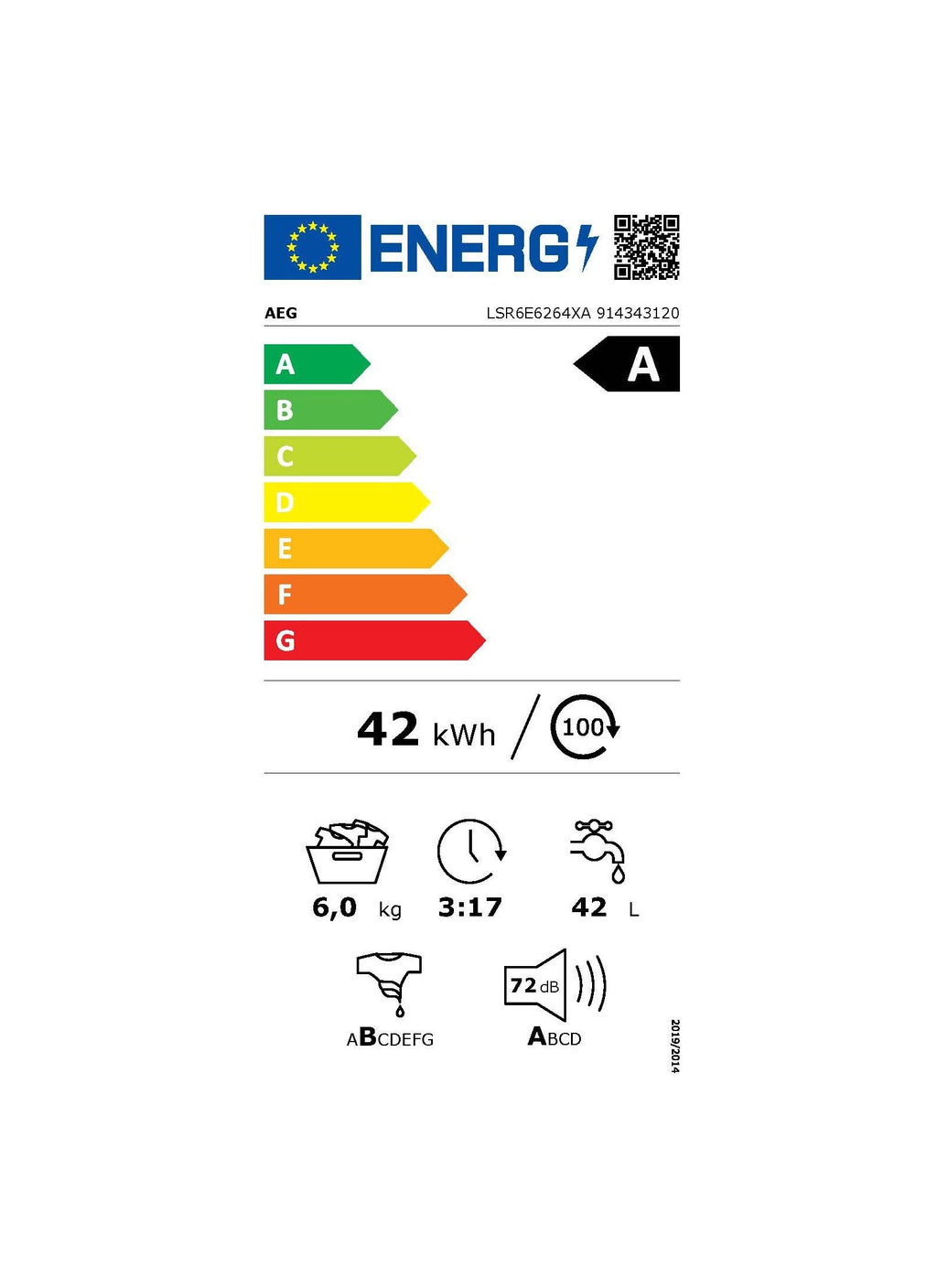 Lave linge hublot AEG LSR6E6264XA - 6 kg - 1200 tr/min - Classe A - Moteur induction - Noir