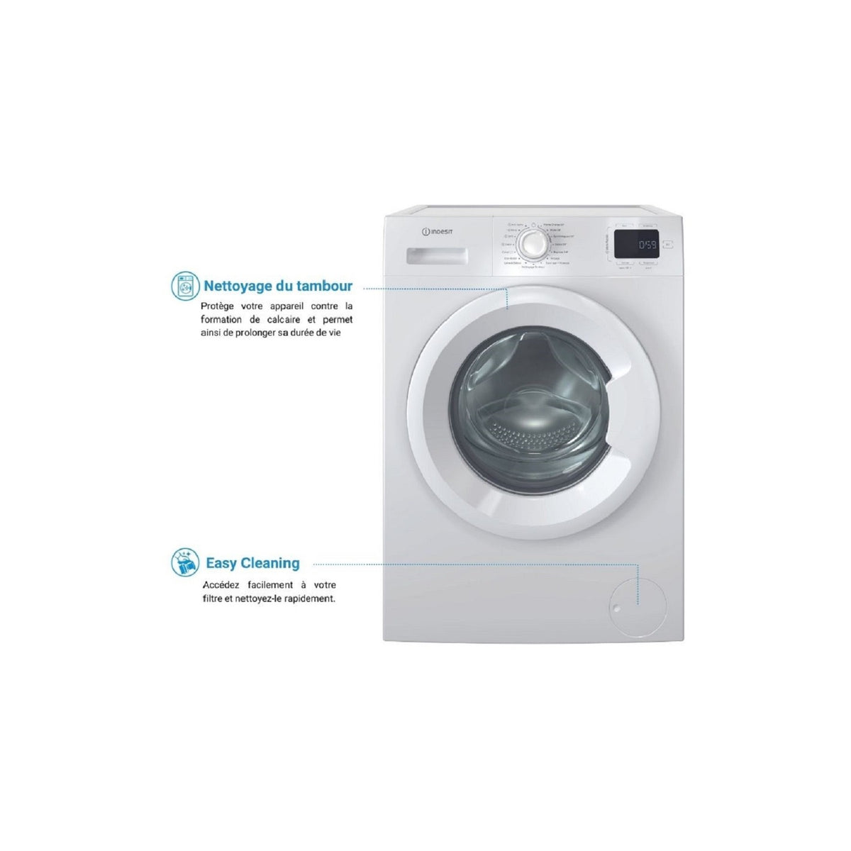 Lave linge hublot INDESIT IM864MYTIMEFR - 8 kg - 1400 tr/min - Classe A - Moteur induction