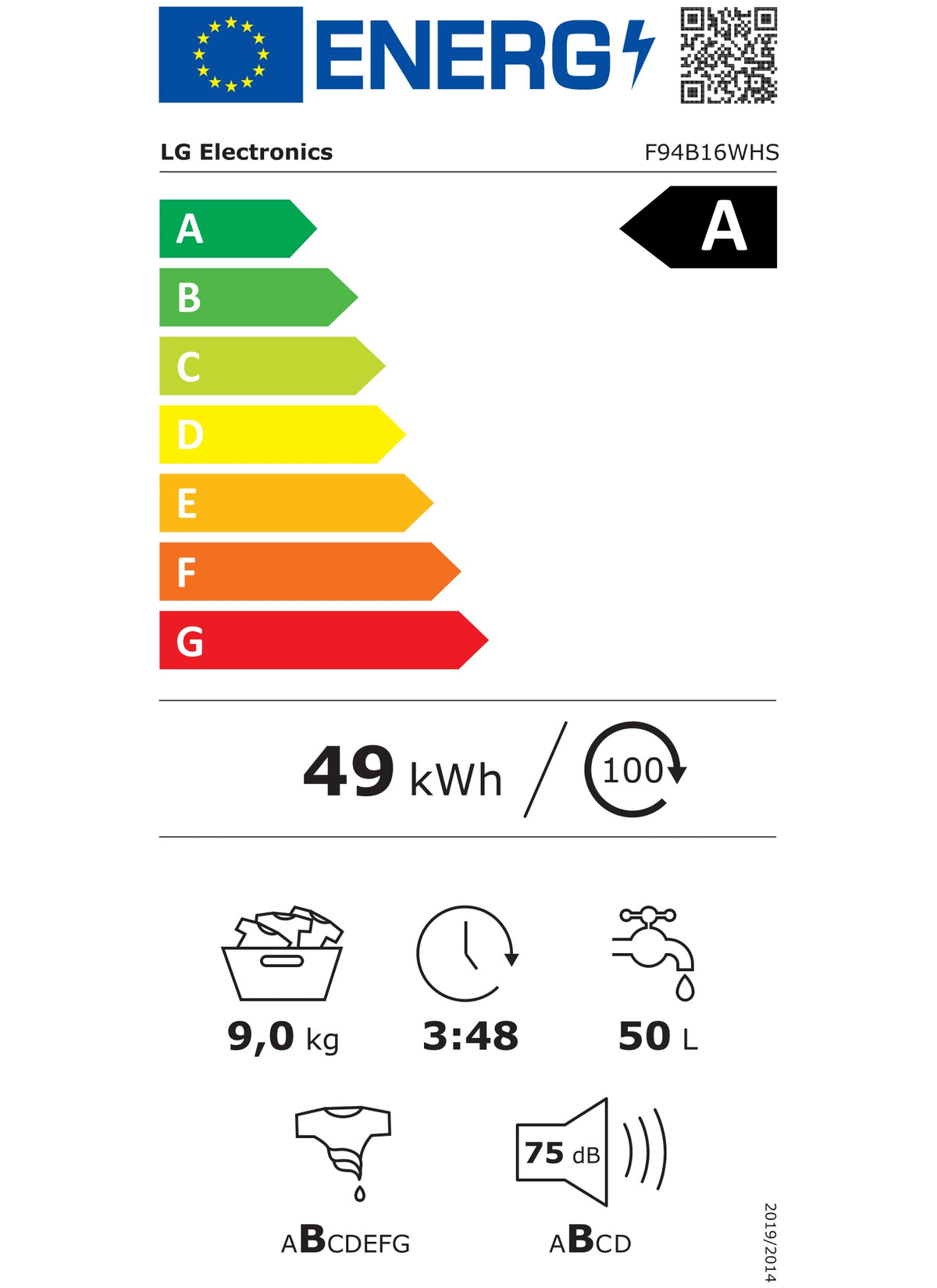 Lave linge hublot LG F94B16WHS - 9 kg - 1400 tr/min - Classe A - Moteur induction entraînement direct - Connecté