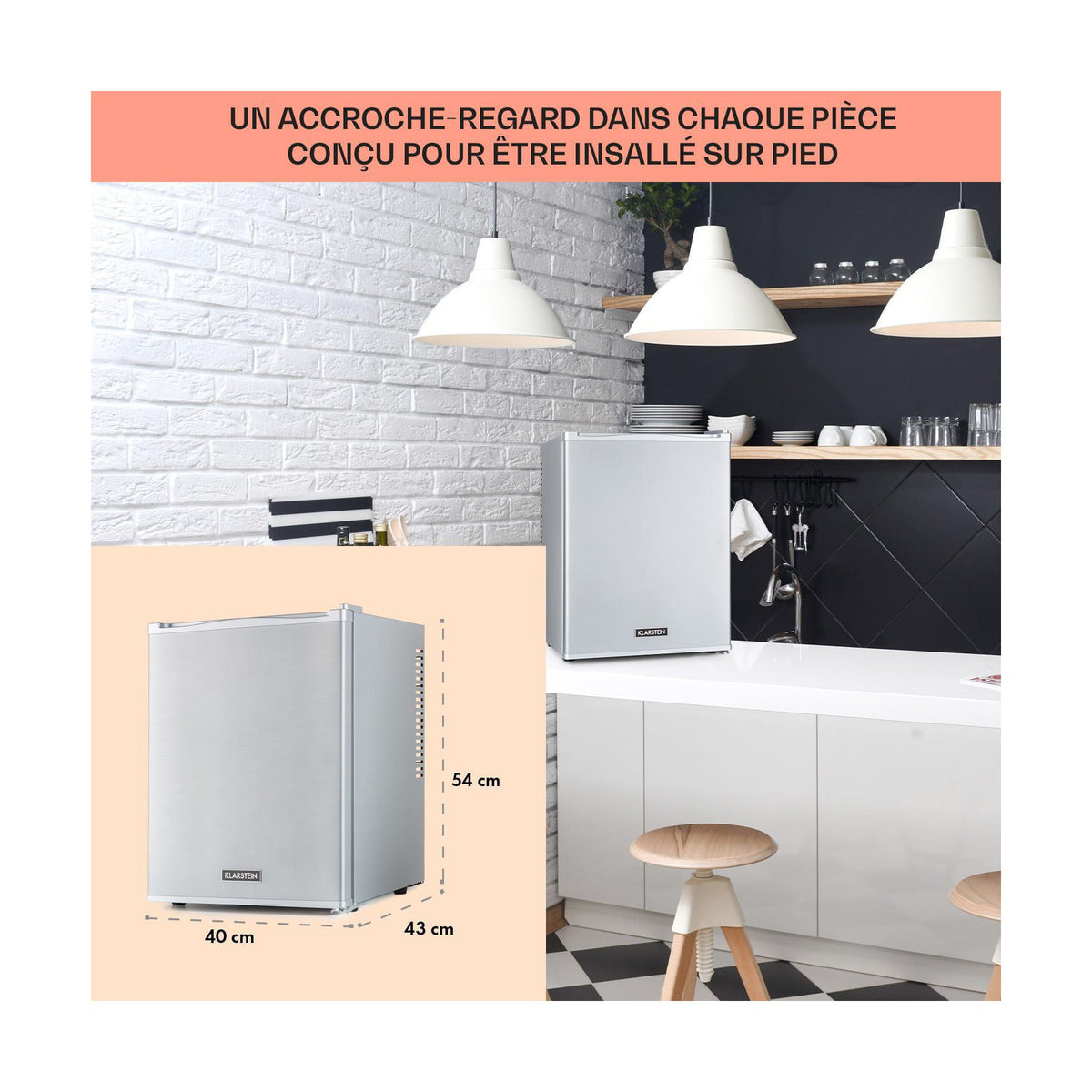Mini réfrigérateur KLARSTEIN Happy Hour 33L 5-15°C 25 dB LED inox
