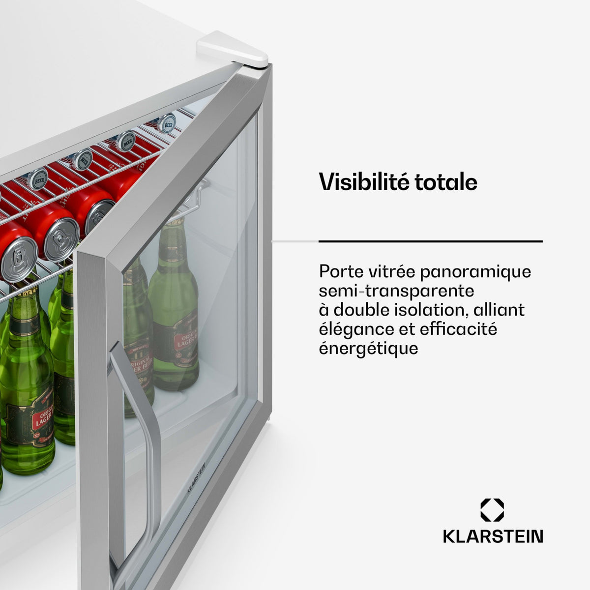 Mini réfrigérateur KLARSTEIN Beersafe porte vitrée 44x48cm LED Argent