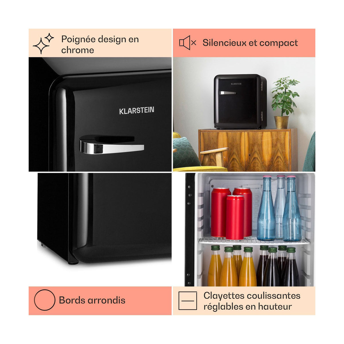 Mini réfrigérateur KLARSTEIN AudreyMini rétro 48L 2 étages 39 dB noir