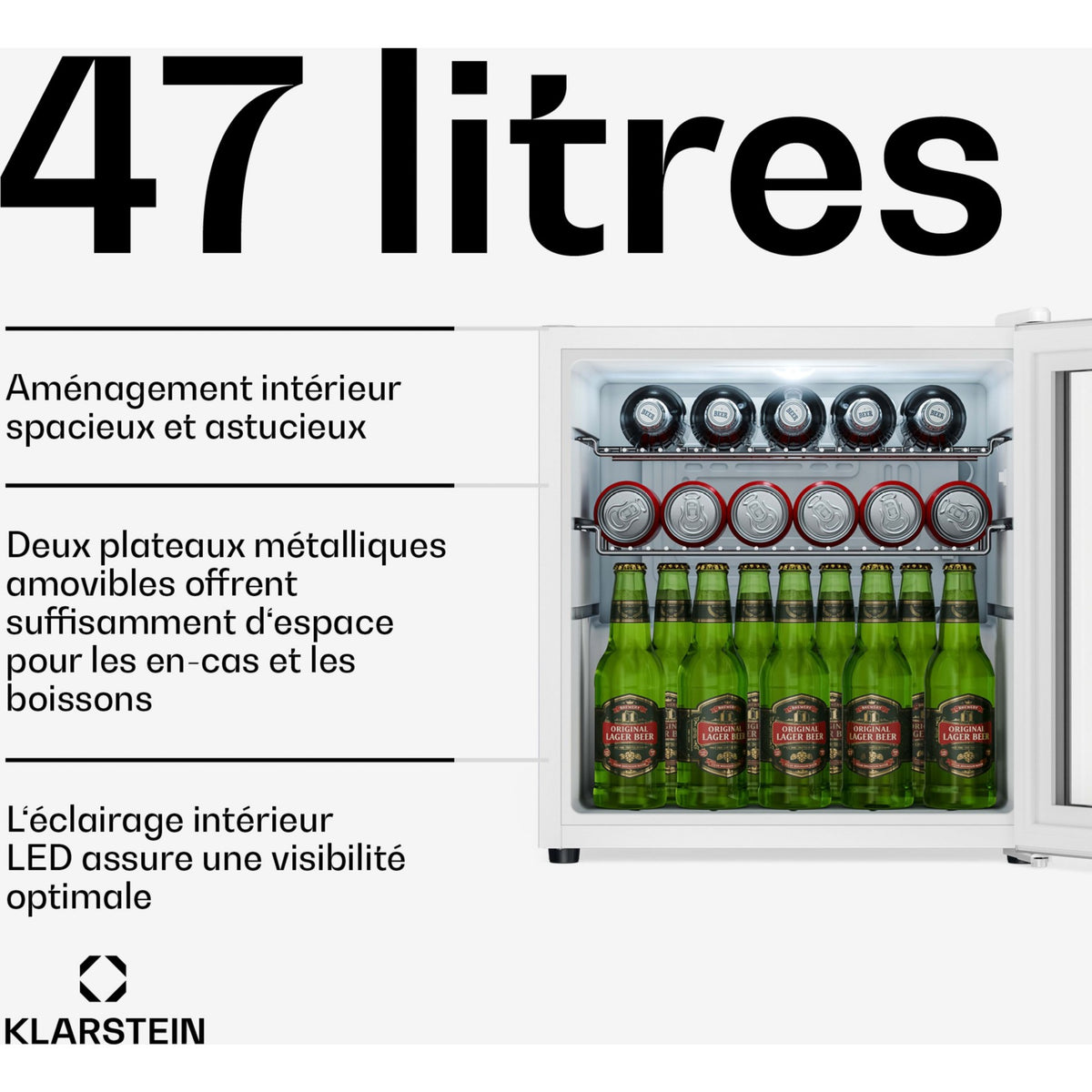 Mini réfrigérateur KLARSTEIN Beersafe porte vitrée 44x48cm LED Argent