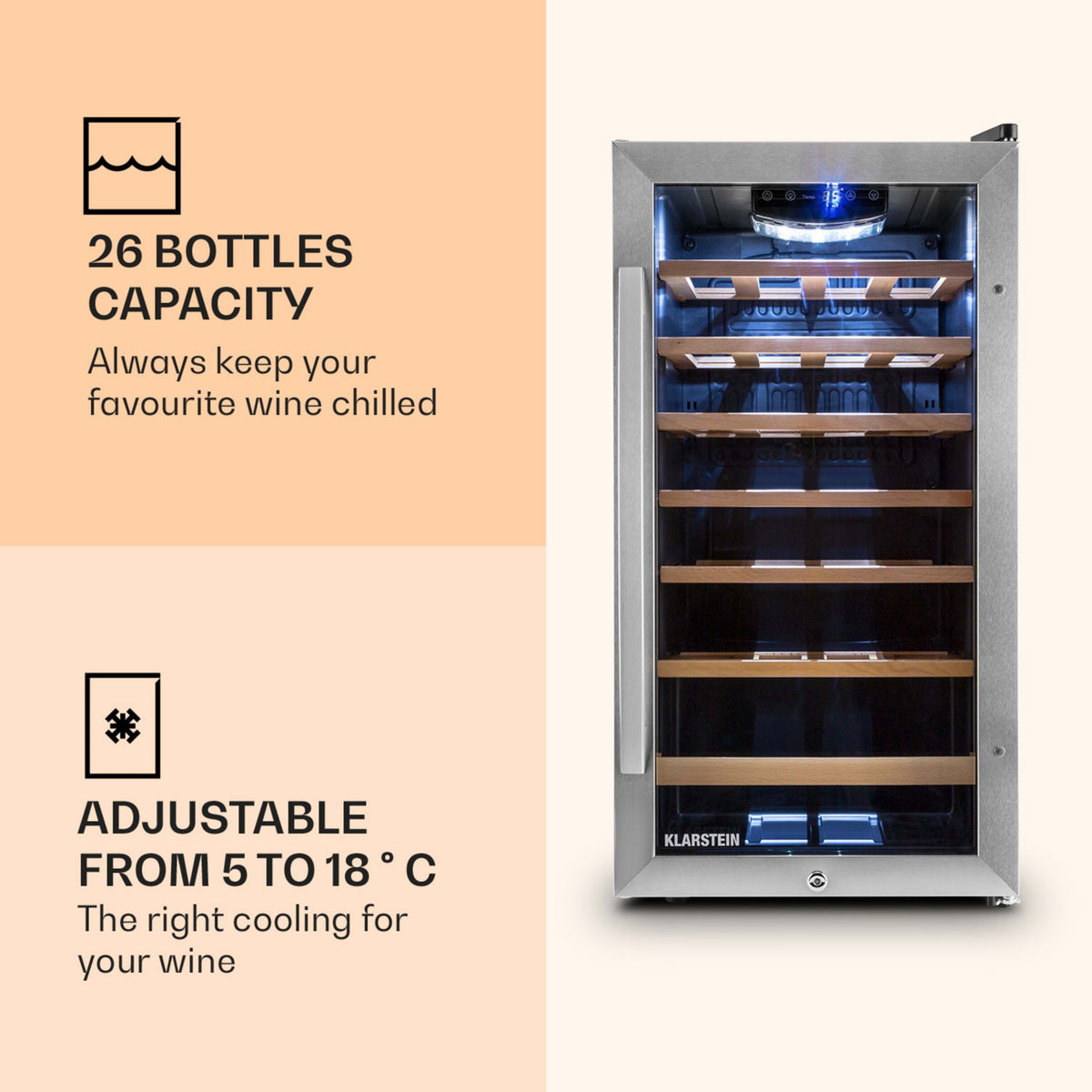 Cave à vin de service KLARSTEIN Vinamour 26 Uno 26 bouteilles 88L inox