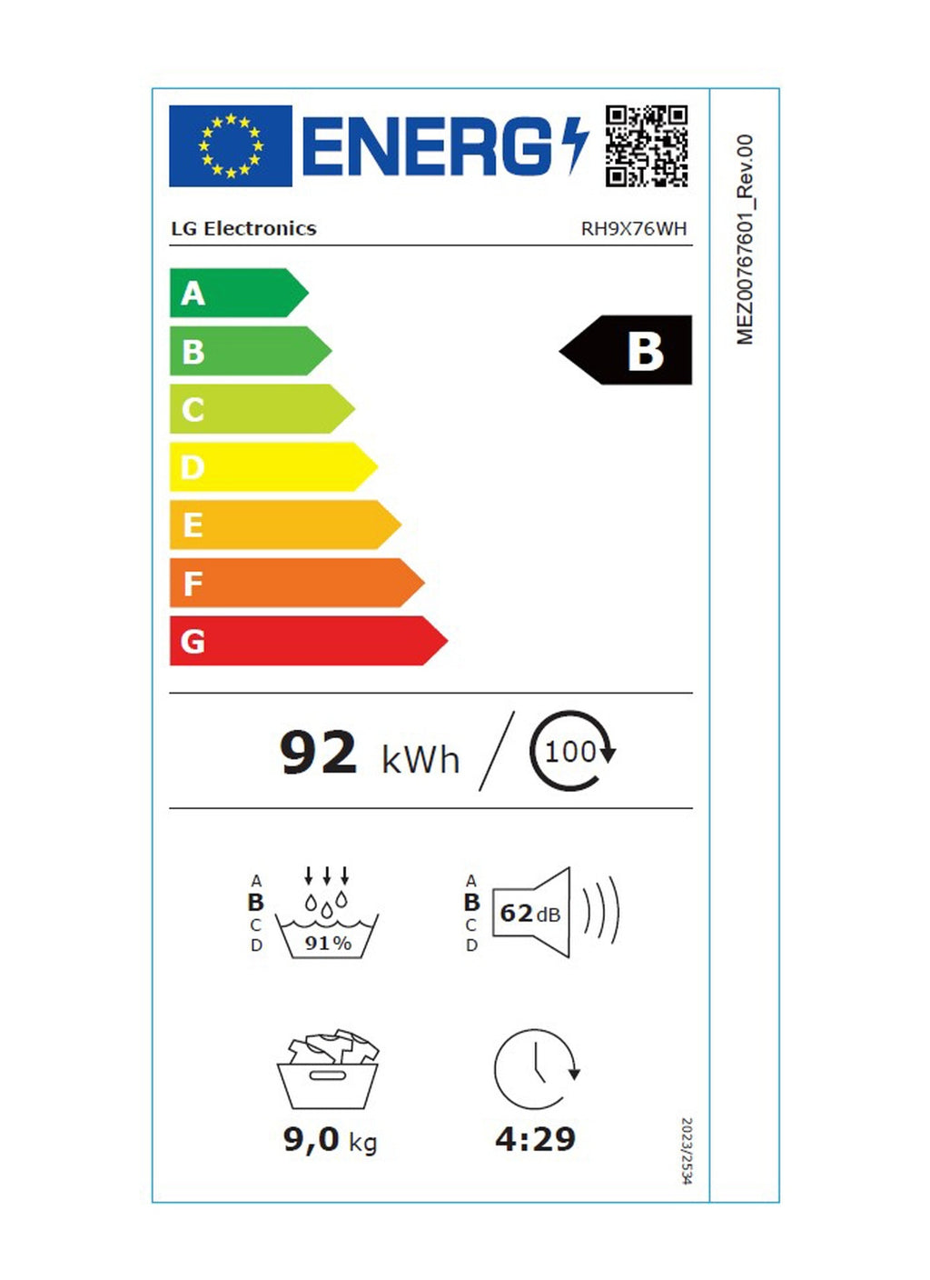 Sèche linge pompe à chaleur LG RH9X76WH