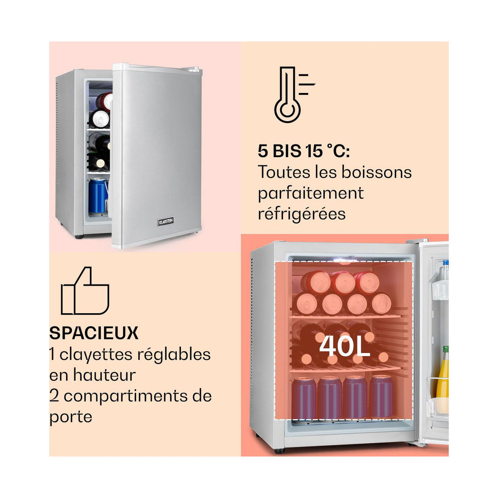 Mini réfrigérateur KLARSTEIN Happy Hour 40L 5-15°C 23 dB LED inox