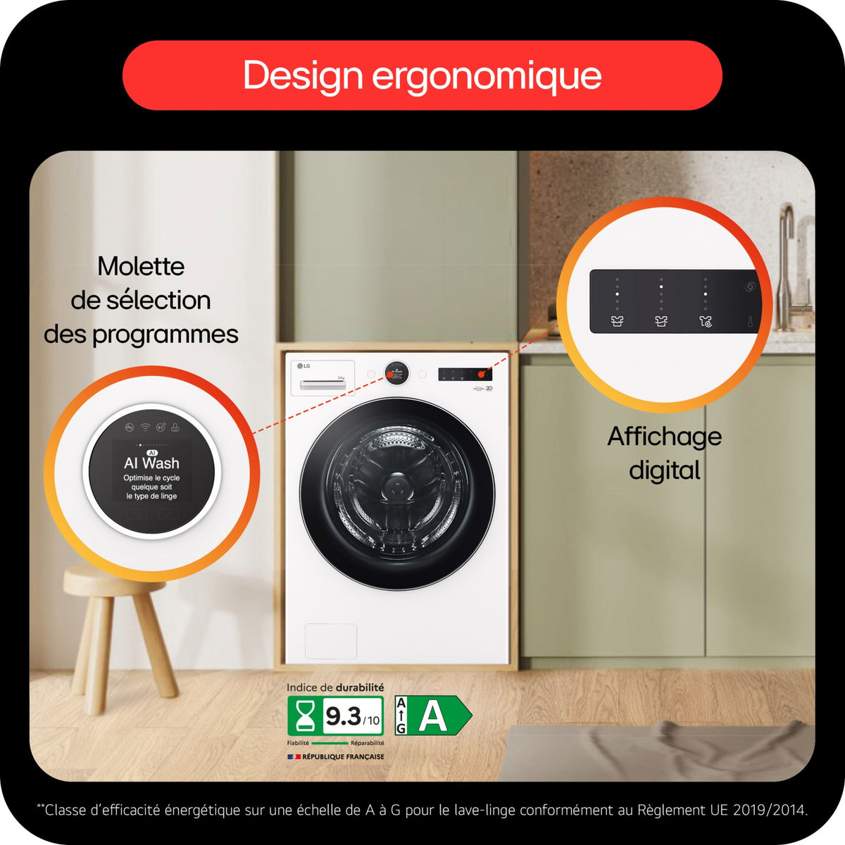 Lave linge hublot LG F20F12WST - 20 kg - 1000 tr/min - Classe A - Moteur induction direct drive - Connecté wifi