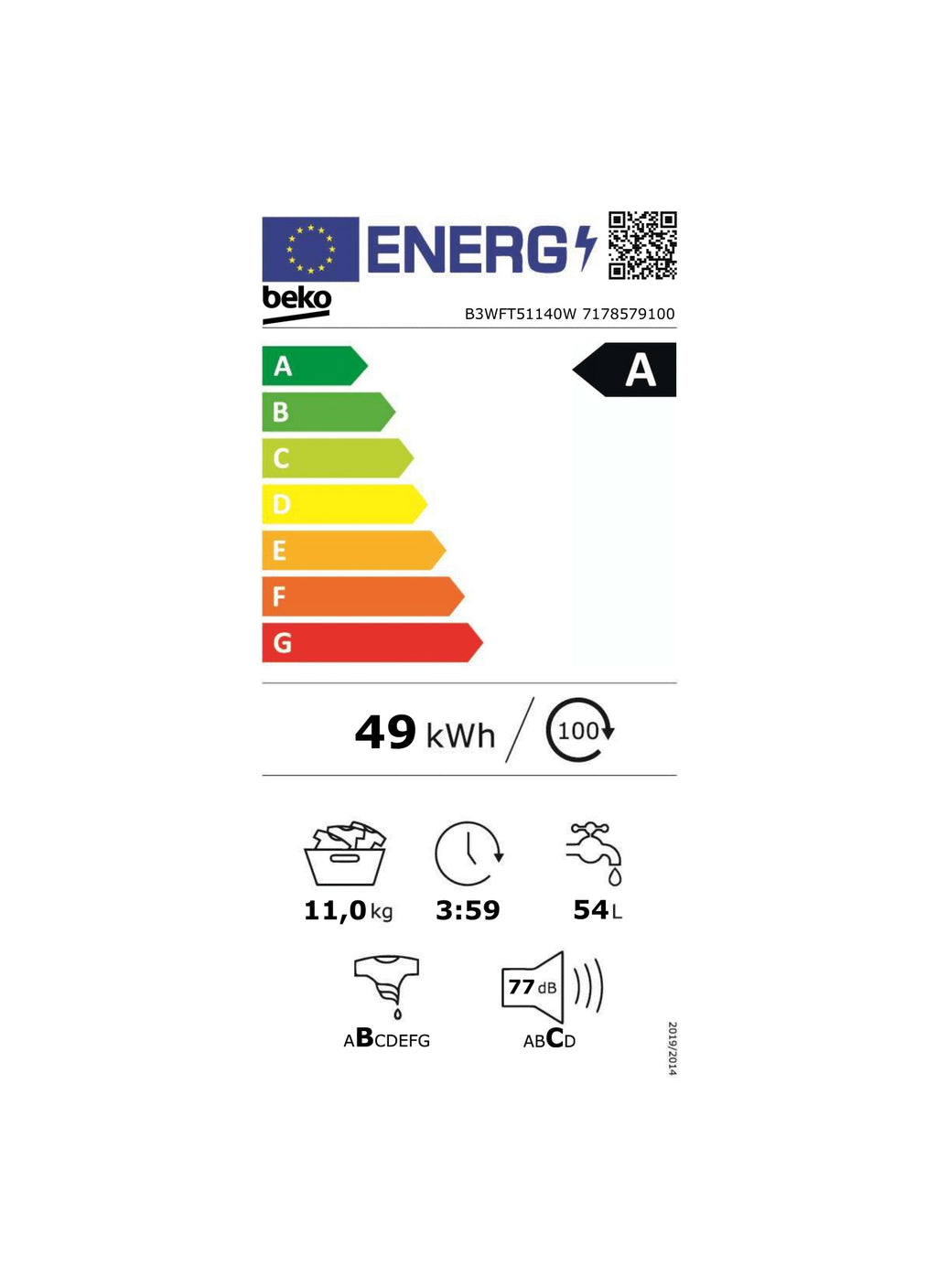 Lave linge hublot BEKO B3WFT51140W