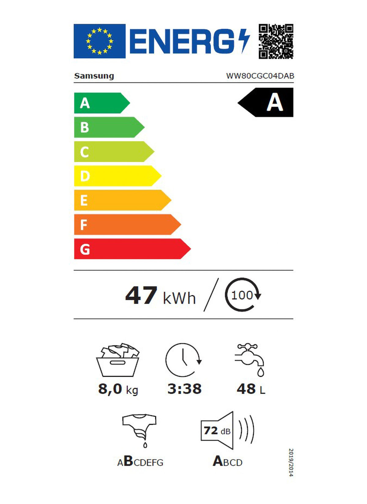 Lave linge hublot SAMSUNG WW80CGC04DAB - 8 kg - 1400 tr/min - Classe A - Moteur induction - Connecté - Noir - Bespoke AI