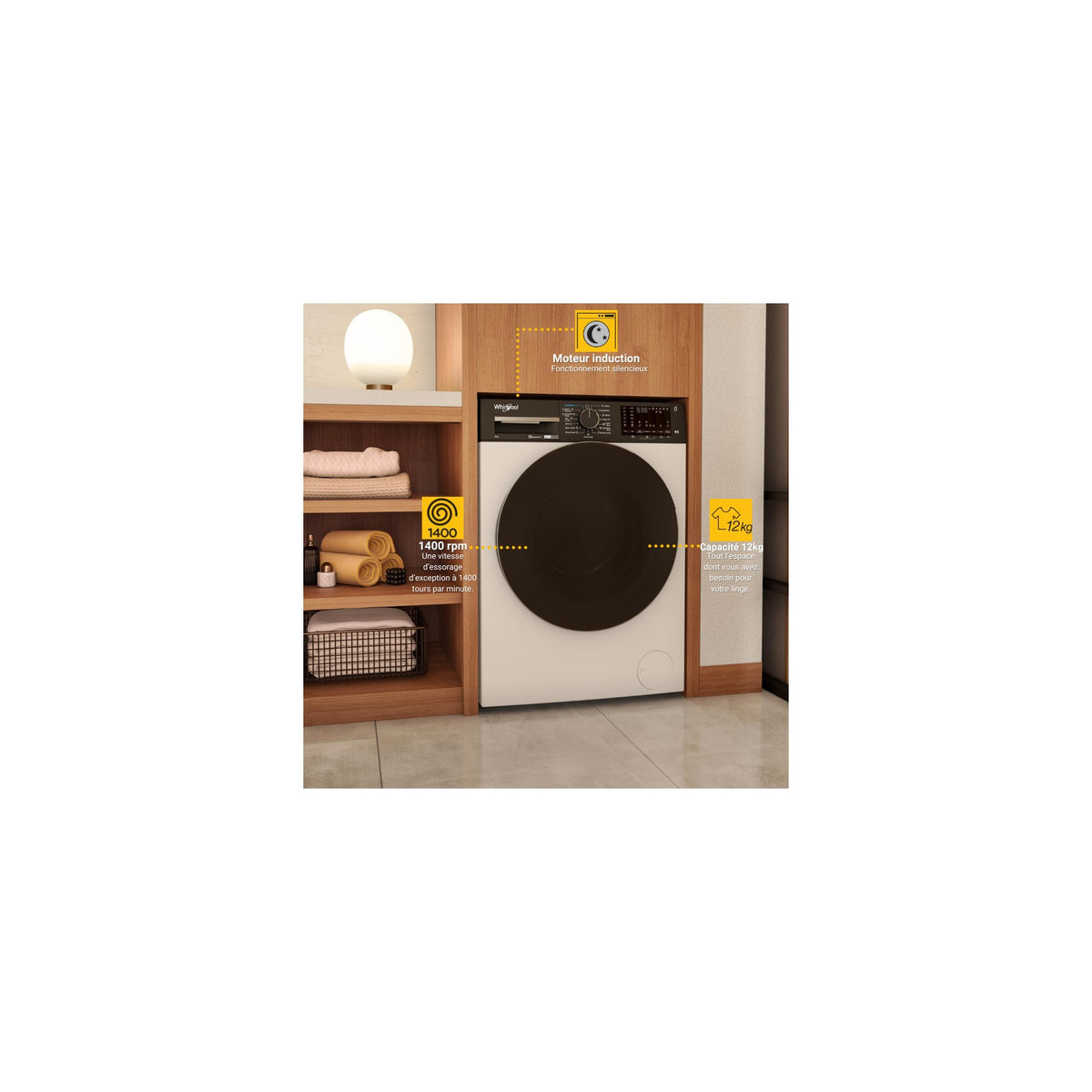 Lave linge hublot WHIRLPOOL WPM27WADSFR - 12 kg - 1400 tr/min - Classe A - Moteur induction - Connecté