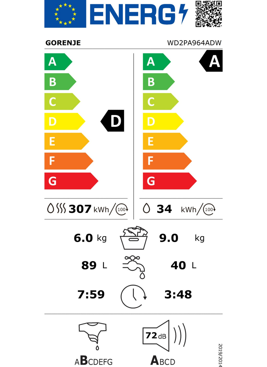 Lave linge séchant hublot GORENJE WD2PA964ADW - 9/6 kg - 1400 tr/min - Classe D - Moteur induction - Connecté