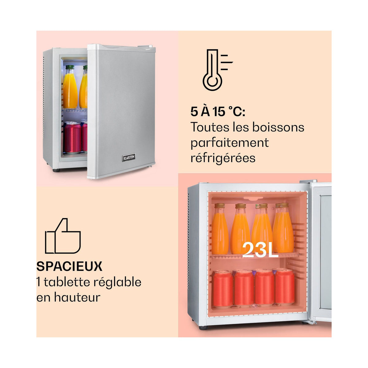 Mini réfrigérateur KLARSTEIN Happy Hour 26L 5-15°C 23 dB LED inox