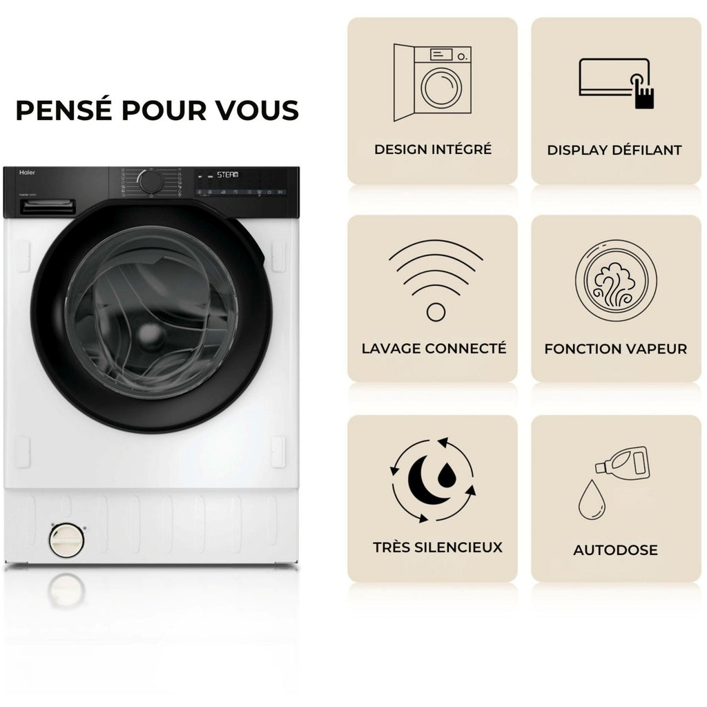 Lave linge séchant hublot encastrable HAIER BHA6SD696M6DB9-S - 9/6 kg - 1600 tr/min - Classe D - Moteur induction - Autodosage - Connecté