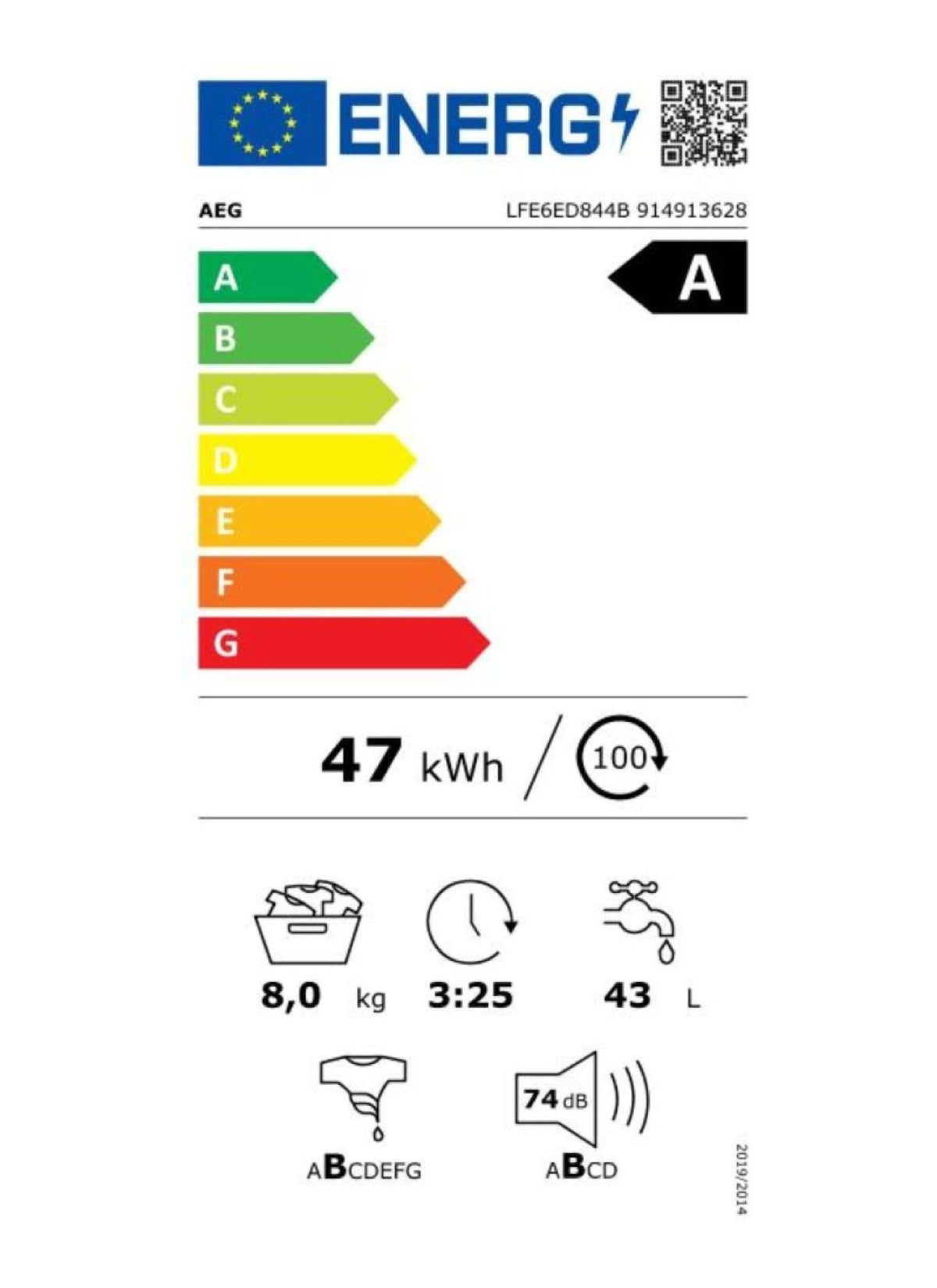Lave linge hublot AEG LFE6ED844B - 8 kg - 1400 tr/min - Classe A - Moteur induction