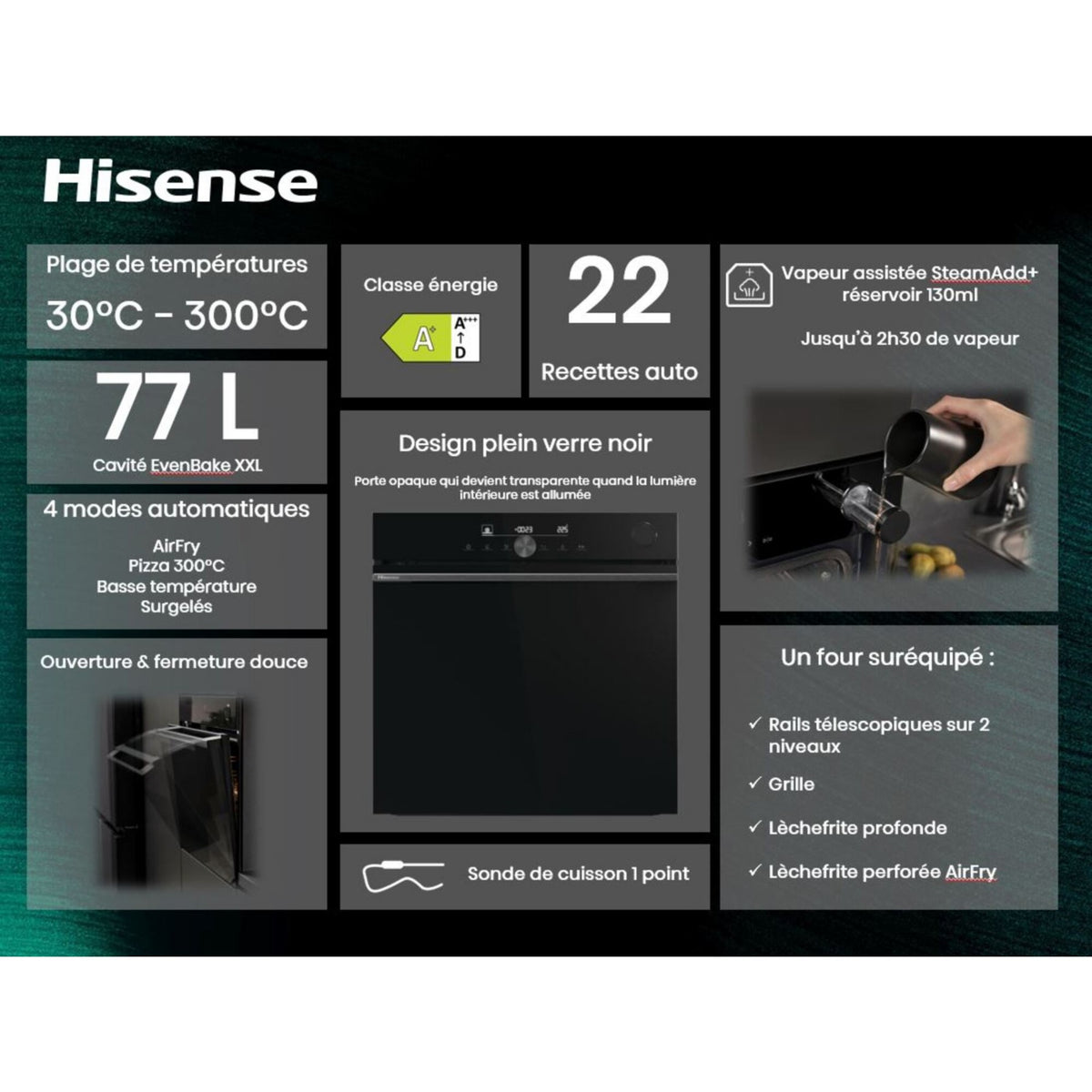 Four Pyro HISENSE BSA6633PBG8 - Pyrolyse - Chaleur tournante - Combiné vapeur - Mode Pizza 300 C - Air Fry