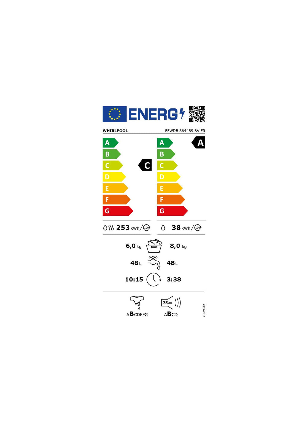 Lave linge séchant hublot WHIRLPOOL FFWDB864489BVFR - 8/6 kg - 1400 tr/min - Classe C - Moteur induction