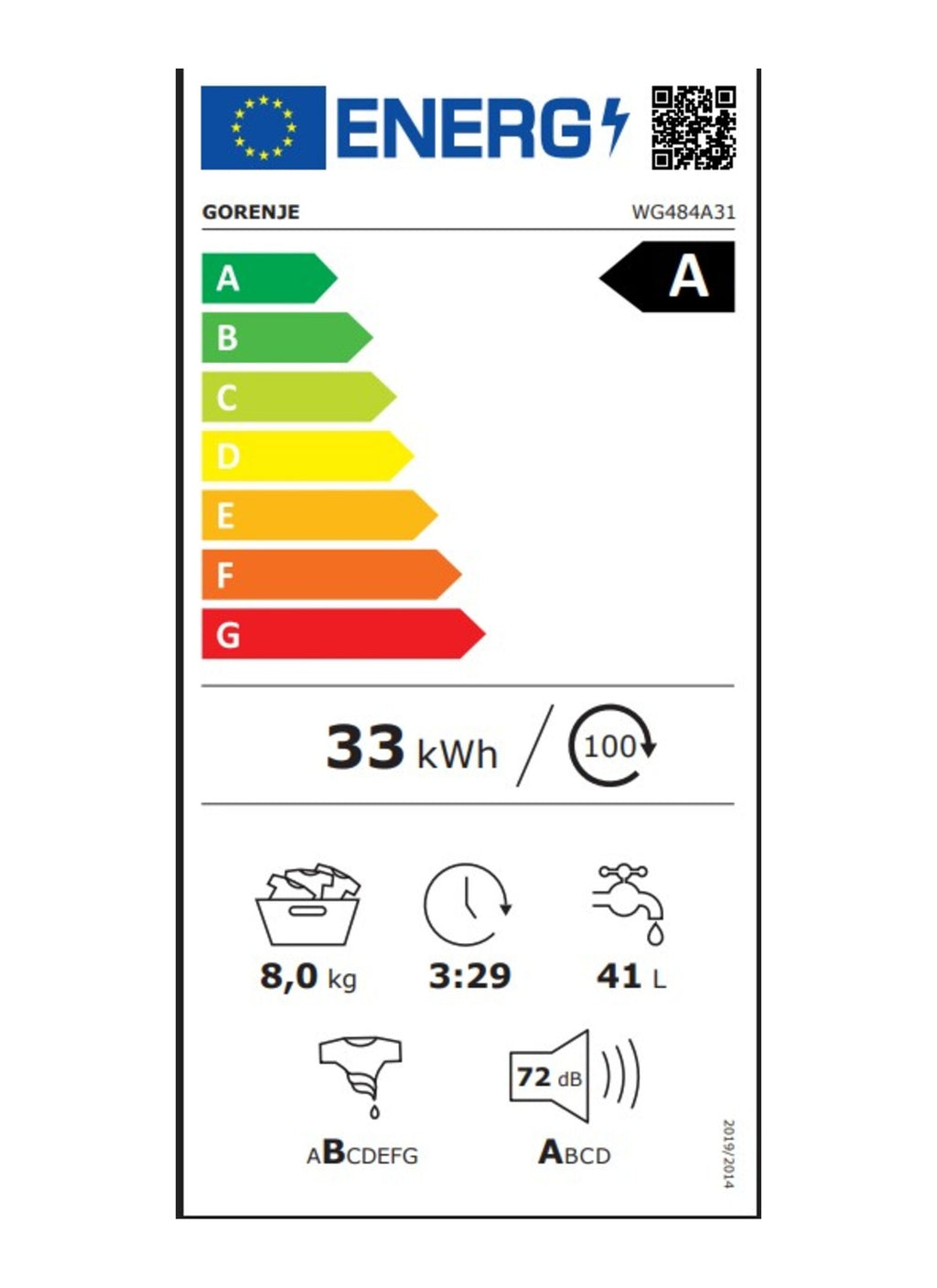 Lave linge hublot GORENJE WG484A31 - 8 kg - 1400 tr/min - Classe A - Moteur induction