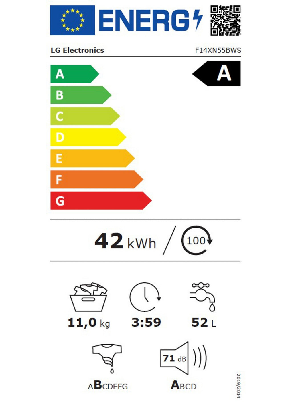 Lave linge hublot LG F14XN55BWS - 11 kg - 1400 tr/min - Classe A - Moteur direct drive - Connecté wifi