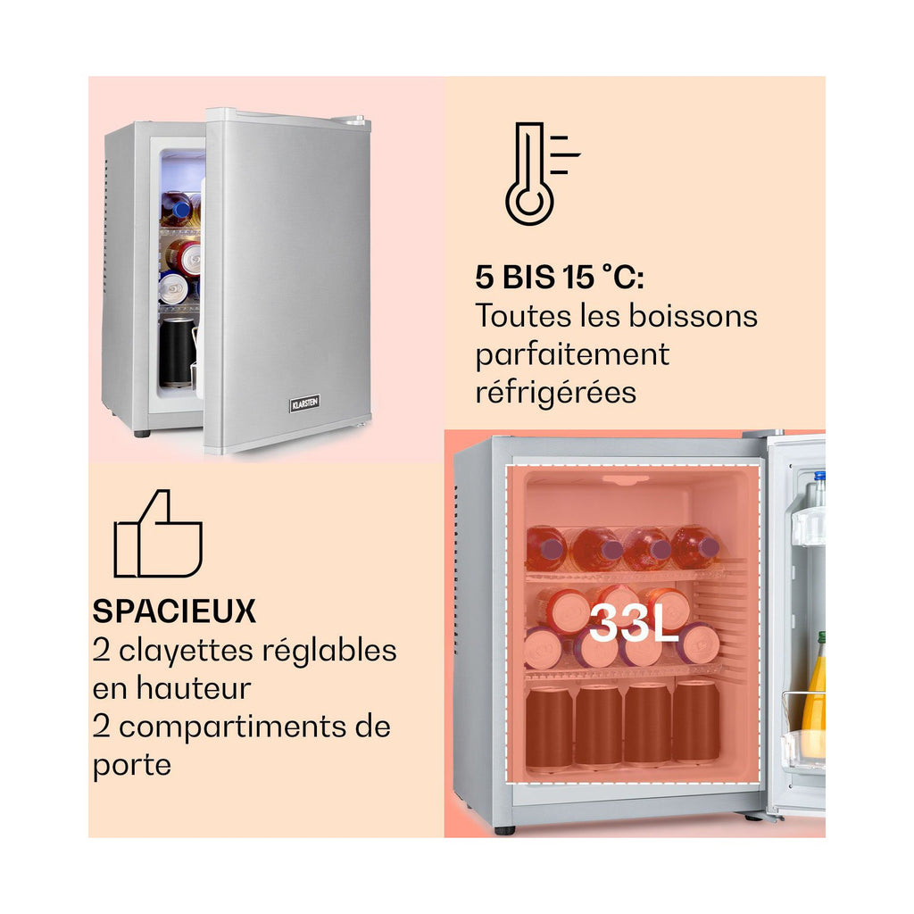 Mini réfrigérateur KLARSTEIN Happy Hour 33L 5-15°C 25 dB LED inox