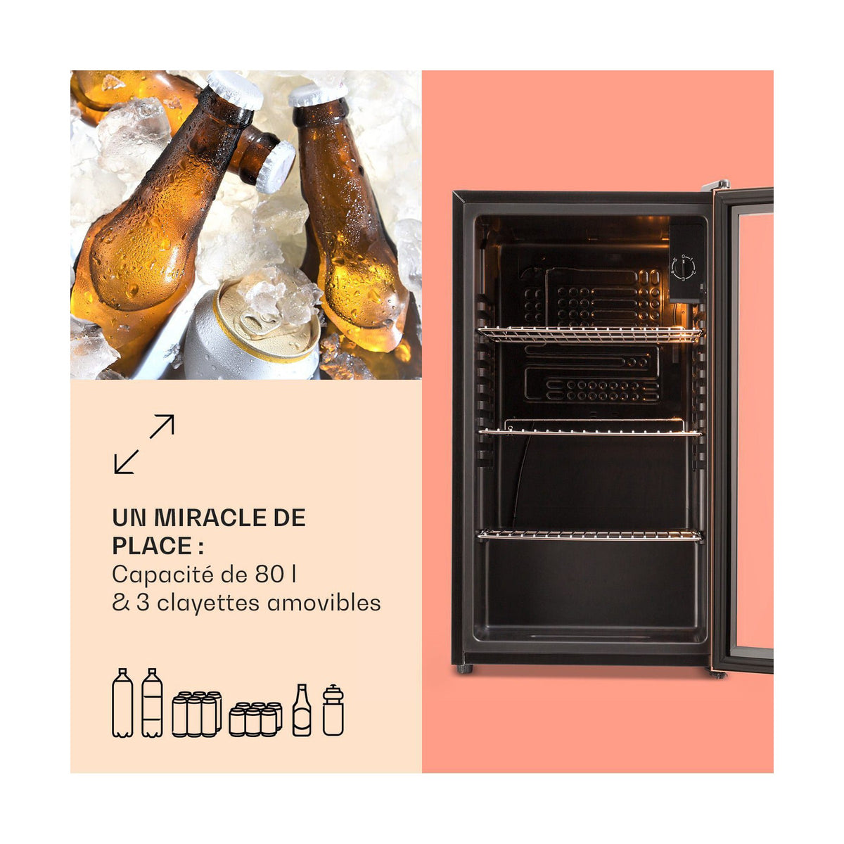 Mini réfrigérateur KLARSTEIN BeersafeXXL 80L porte vitrée inox cuivre