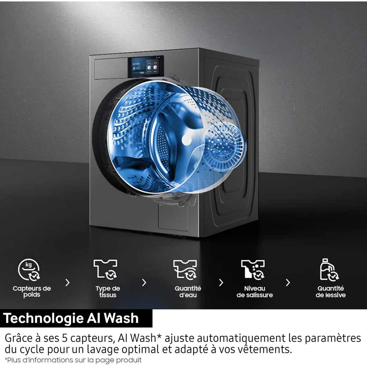 Lave linge hublot SAMSUNG WF90H09C4ST2 - 9 kg - 1400 tr/min - Classe A - Moteur induction - Dosage automatique - Connecté Wifi