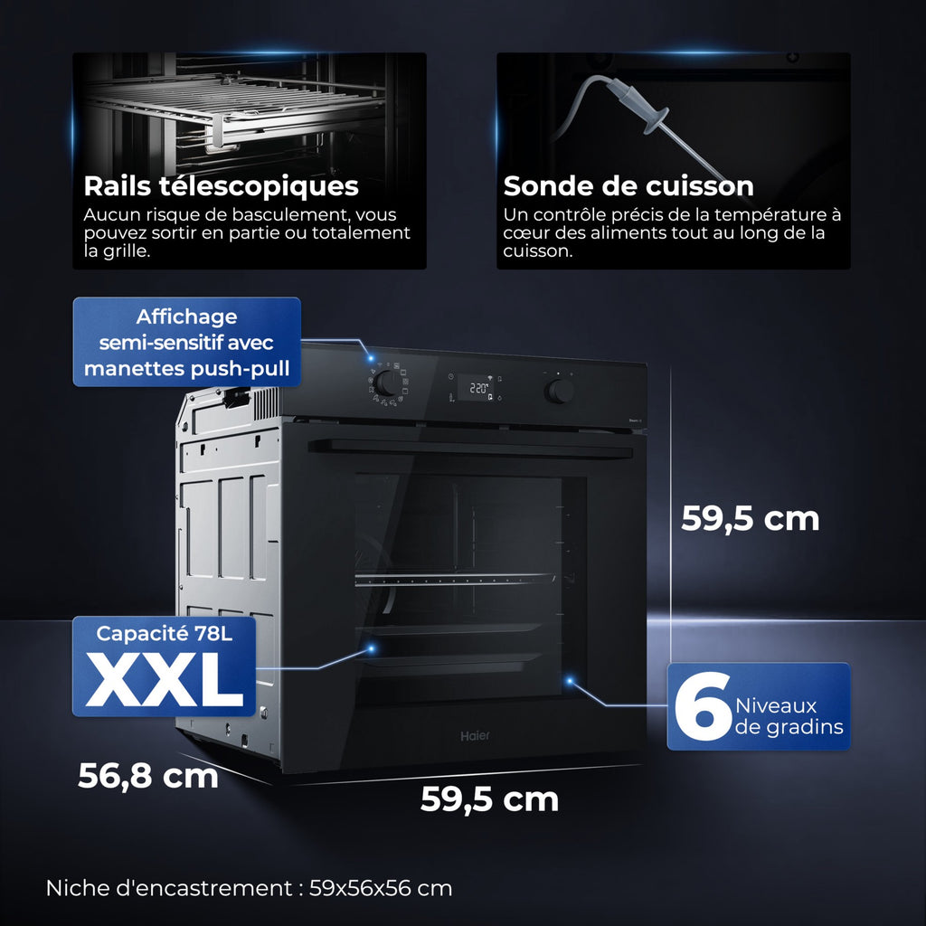 Four encastrable HAIER ID2P5B5EYTB - Pyrolyse - Hydrolyse - Chaleur pulsée - Porte froide - Rails télescopiques