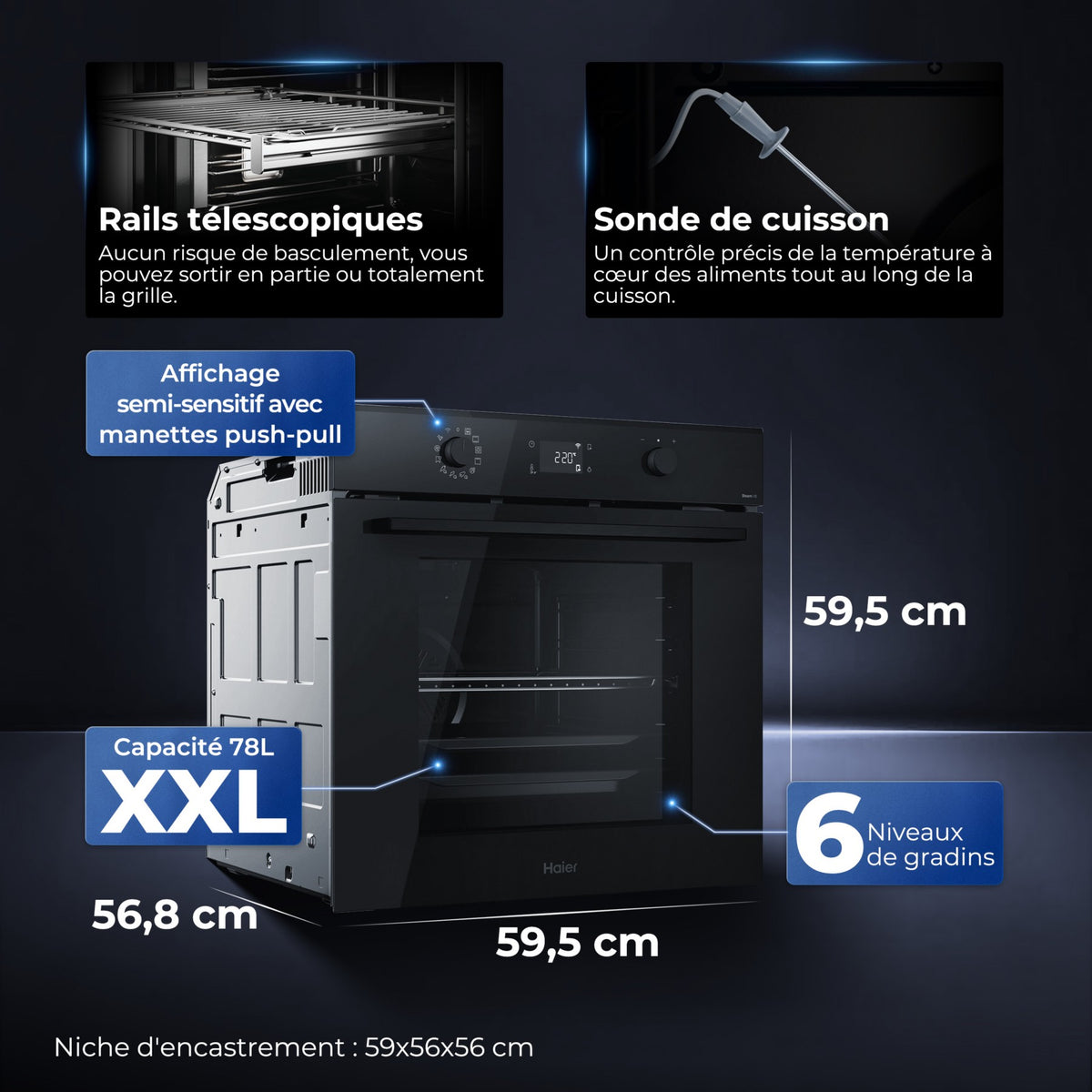 Four encastrable HAIER ID2P5B5EYTB - Pyrolyse - Hydrolyse - Chaleur pulsée - Porte froide - Rails télescopiques