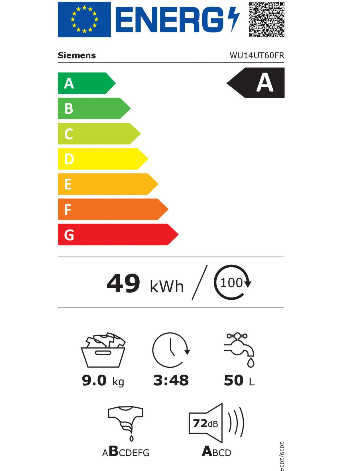 Lave linge hublot SIEMENS WU14UT60FR - 9 kg - 1400 tr/min - Classe A - Moteur induction