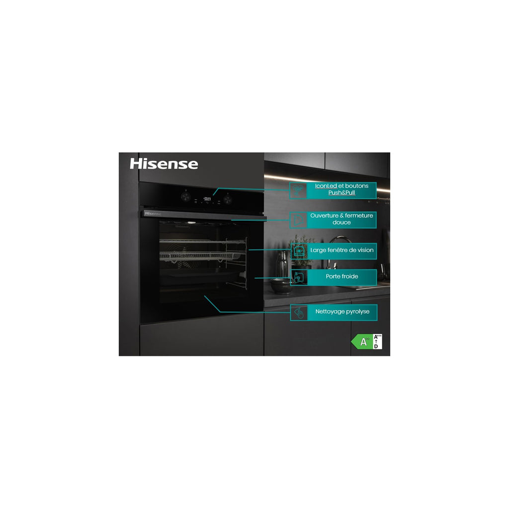 Four encastrable HISENSE BI64223EPBG - Pyrolyse - Chaleur pulsée - Rails télescopiques - Mode Pizza 300°C - Air Fry