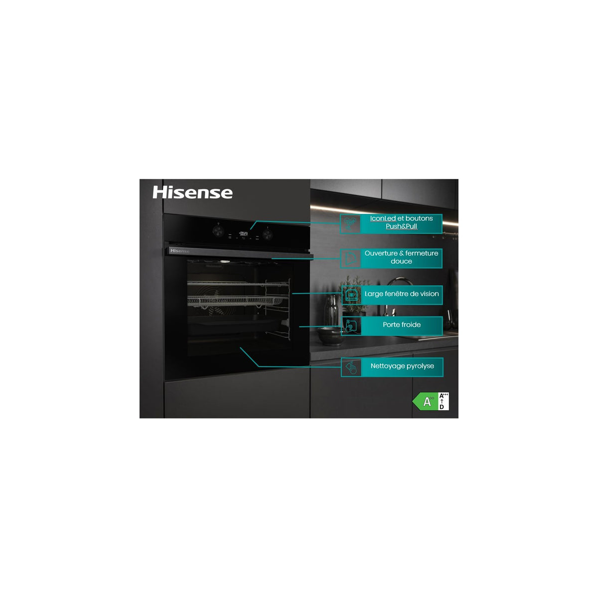 Four encastrable HISENSE BI64223EPBG - Pyrolyse - Chaleur pulsée - Rails télescopiques - Mode Pizza 300°C - Air Fry