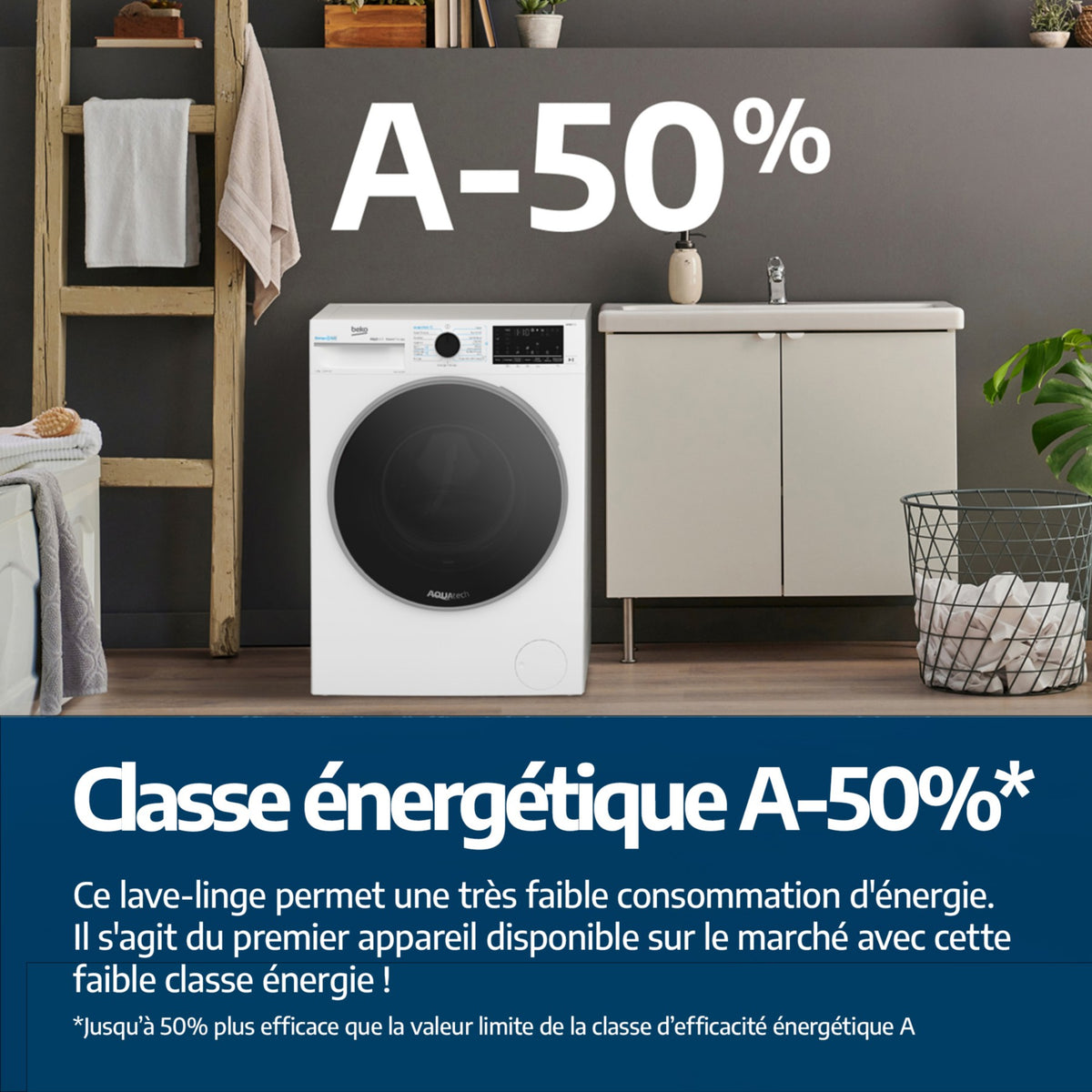Lave linge compact BEKO BM3WFU47411B - 7 kg - 1400 tr/min - Classe A - Moteur induction - Energy Spin