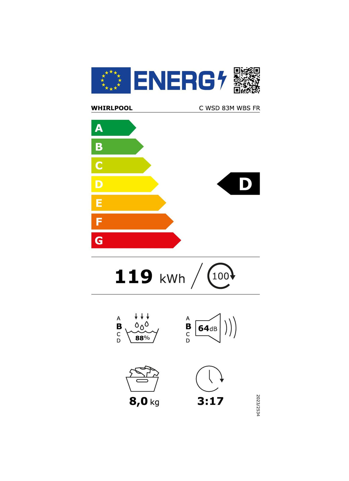 Sèche linge pompe à chaleur WHIRLPOOL CWSD83MWBSFR
