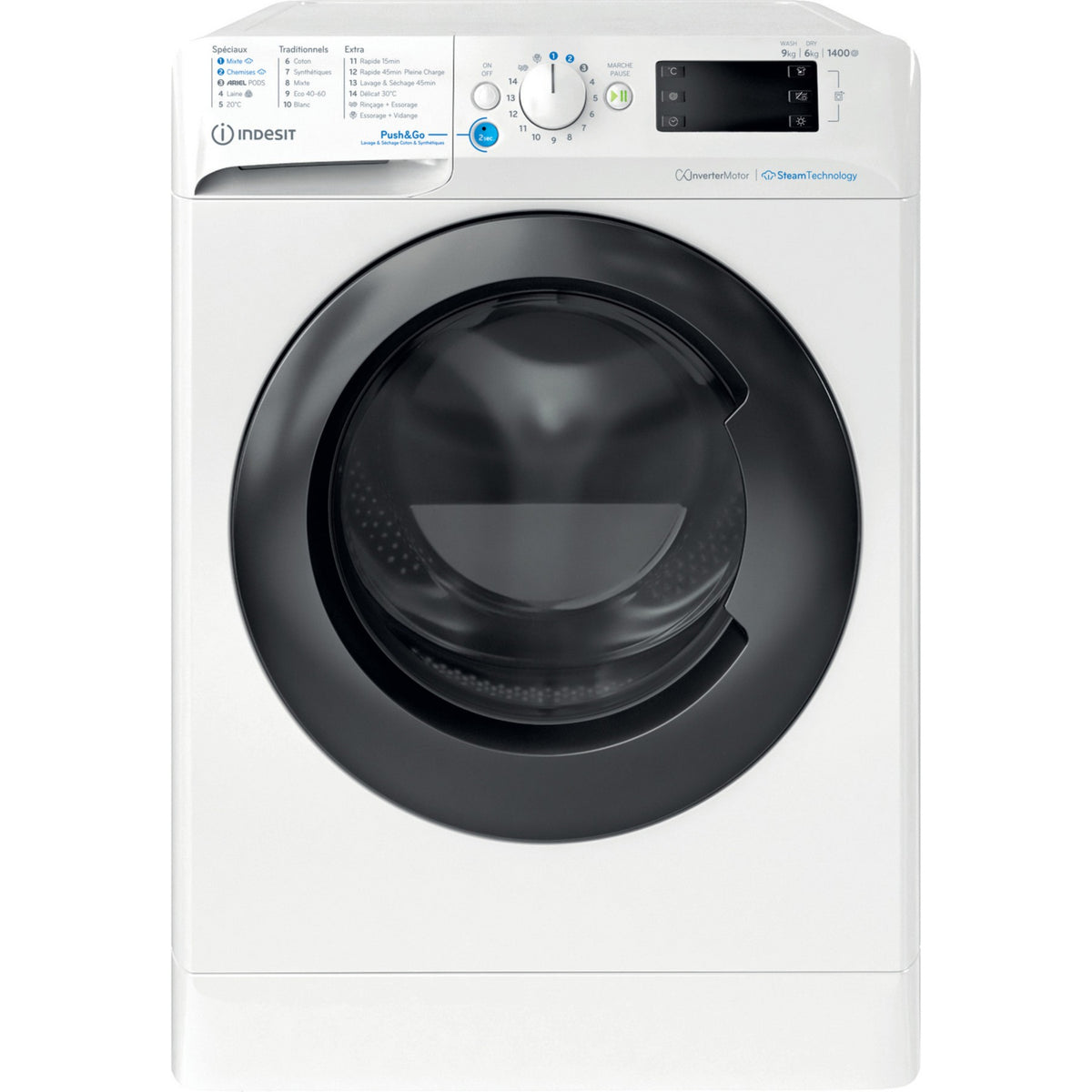 Lave linge séchant hublot INDESIT BDE96435WKVFR - 9/6 kg - 1400 tr/min - Classe D - Moteur induction